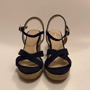 Ted Baker Elegant Navy Leather Wedge Sandals Size 10
